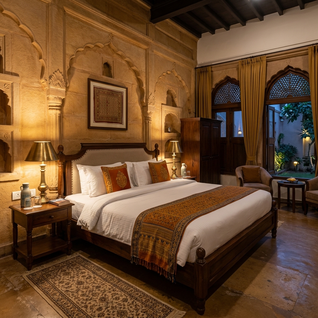 Deluxe double bed room with saffron pillows at Krishna Villa Varanasi