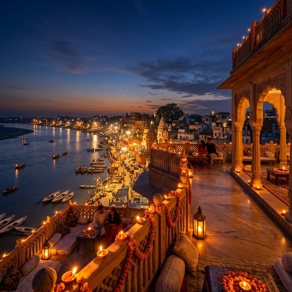 Krishna Villa rooftop panorama overlooking the Varanasi ghats at twilight