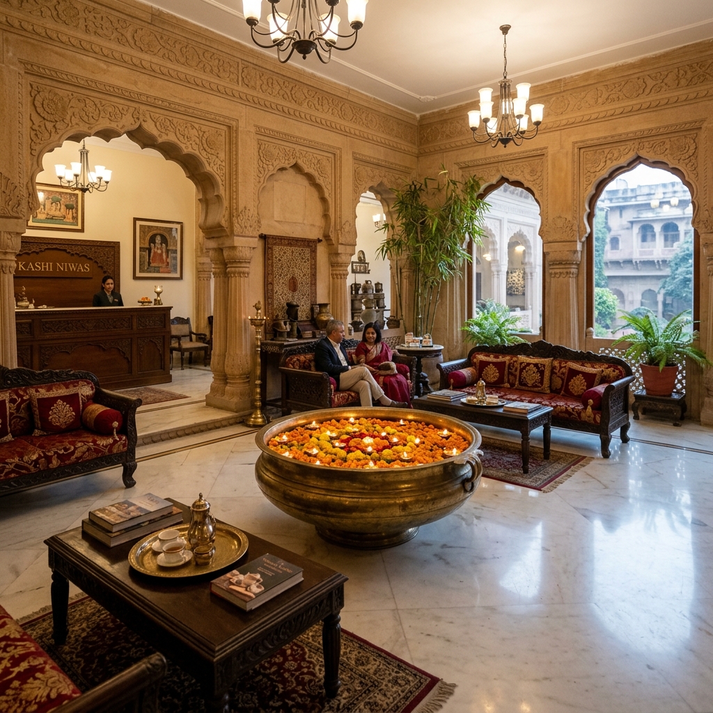 Elegantly designed indoor lobby with sandstone walls and marigold flowers at Krishna Villa