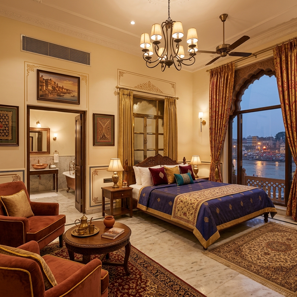 Premium suite room with high ceilings and cozy sitting area at Krishna Villa